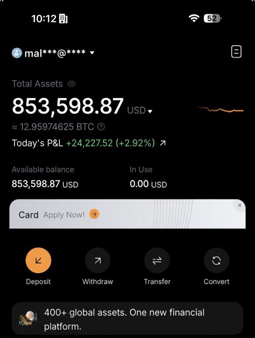 A mobile app screenshot of a trading platform showing a total portfolio value of **853,598.87 USD** (≈12.96 BTC), with a daily P&L of **+24,227.52 (+2.92%)** and a fully available balance of 853,598.87 USD. The image serves as proof of trading success, complementing the post's advice that real experience—rather than reading generic trading tips—is the key to learning the market.