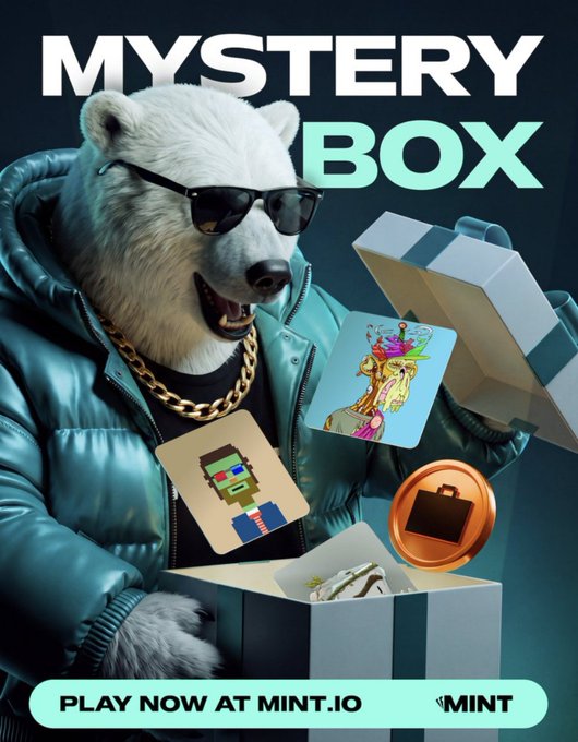 An advertisement featuring an anthropomorphic polar bear in sunglasses and a blue puffer jacket opening a 'MYSTERY BOX' revealing NFT collectibles, with text 'PLAY NOW AT MINT.IO' and the Mint logo.