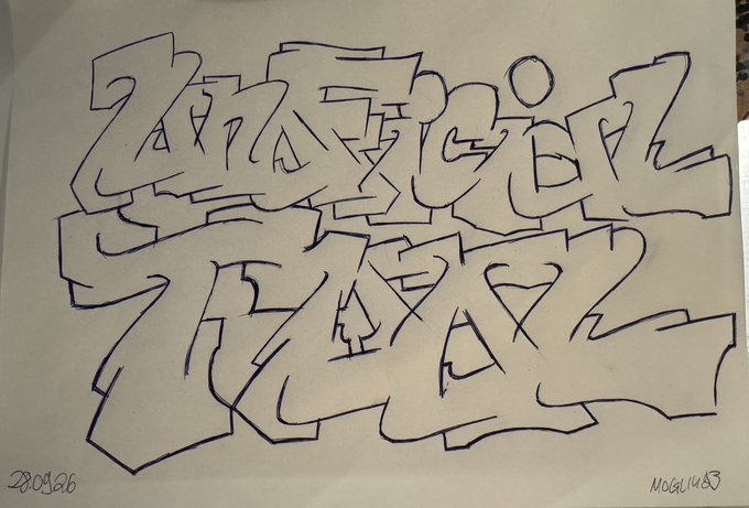 A graffiti-style hand-drawn sketch on paper featuring stylized lettering in black ink, dated '20/08/26' and signed 'MOGUL203' in the corners.