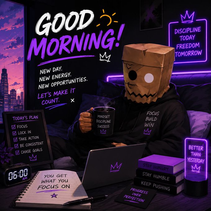 A motivational digital illustration with 'GOOD MORNING!' text featuring a figure in a paper bag mask holding a 'MINDSET DISCIPLINE SUCCESS' mug, surrounded by neon signs and checklists like 'TODAY'S PLAN' and 'DISCIPLINE TODAY FREEDOM TOMORROW'.