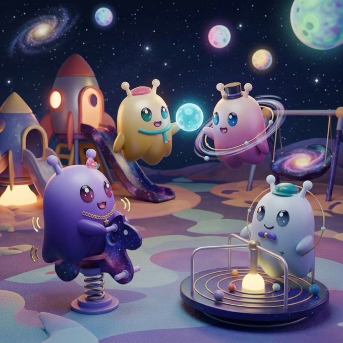 A colorful 3D-rendered illustration of cute alien characters playing in a space-themed playground with rockets, a slide, a spring rider, and a bead maze under a starry sky with planets and galaxies.
