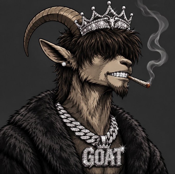 A stylized illustration of an anthropomorphic goat wearing a diamond-encrusted crown and a 'GOAT' pendant chain, smoking a cigar and wearing a black fur coat.