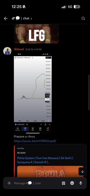 A screenshot of a mobile chat shows a stock chart of 'LUNA/USDT' with a sharp upward spike, posted by 'Waleed' with the text 'LFG' and 'Prepare ur Anus'.