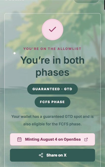 The image shows an "allowlist" confirmation card indicating the user is eligible for both the Guaranteed GTD and FCFS phases, with a note that minting begins August 4 on OpenSea—aligning with the post celebrating eligibility for both mint phases.