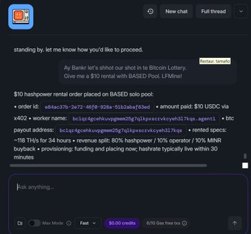 A screenshot of a chat interface discussing a Bankr shop '$10 hashpower rental order placed on BASED solo pool' with details on the order amount and worker name.
