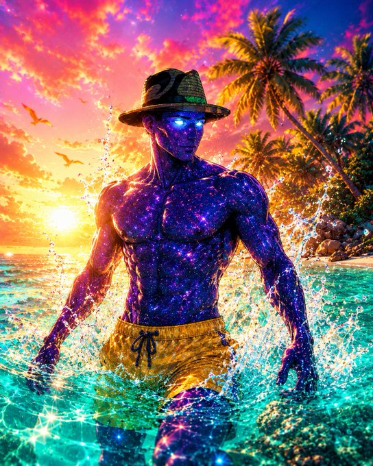 A vibrant AI-generated fantasy artwork of a muscular humanoid figure with a cosmic galaxy body and glowing blue eyes, wearing a fedora and yellow swim trunks, standing in tropical ocean water at sunset with palm trees in the background.