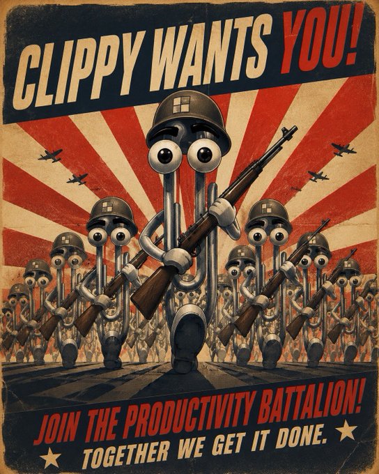 A vintage-style propaganda poster titled 'CLIPPY WANTS YOU!' depicting an army of Clippy paperclips marching in military helmets, with text reading 'JOIN THE PRODUCTIVITY BATTALION. TOGETHER WE GET IT DONE.'
