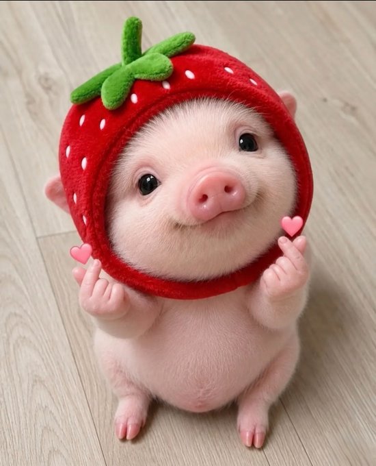 A small piglet wearing a red strawberry hat holds up its tiny hooves to show off pink hearts.