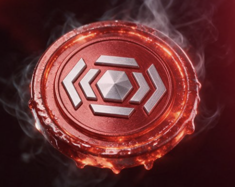 A metallic red circular emblem with geometric symbols floats amidst smoke and fiery particles against a dark background.