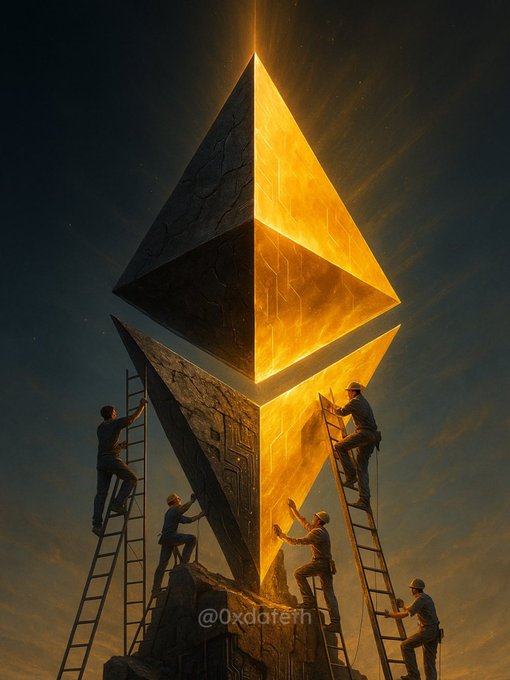 A surreal digital artwork showing workers on ladders constructing a giant golden Ethereum logo monument against a dark sky, watermarked '@0xdofeth'.