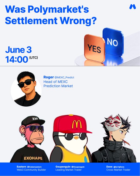 The image features three cartoon characters wearing sunglasses and hats, with one of them holding a sign that says "NO" and another saying "YES". The text above the image reads "Was Polymarket's Settlement Wrong? What Should Fair Resolution Look Like?". Below this, there is a list of speakers who are available to participate in an online event.