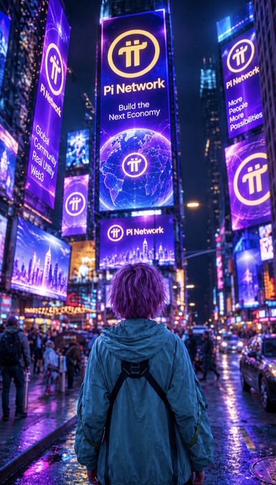 A vibrant cyberpunk-style cityscape featuring large billboards advertising 'Pi Network' with the tagline 'Build the Next Economy', as a person with purple hair in a teal jacket looks up at the displays.