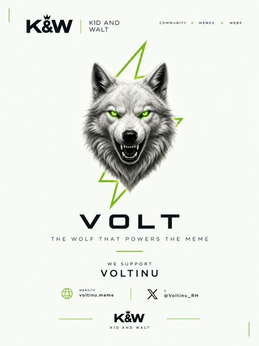 A stylized snarling wolf head with glowing green eyes and lightning bolts serves as the central mascot for "VOLT – The Wolf That Powers the Meme," branded by K&W (Kid and Walt) as they support Voltinu ($VOLT), with the website voltinu.meme and X handle @Voltinu_RH displayed. The image visually reinforces the post's message of sustained energy and community support for the Volt Inu meme project.