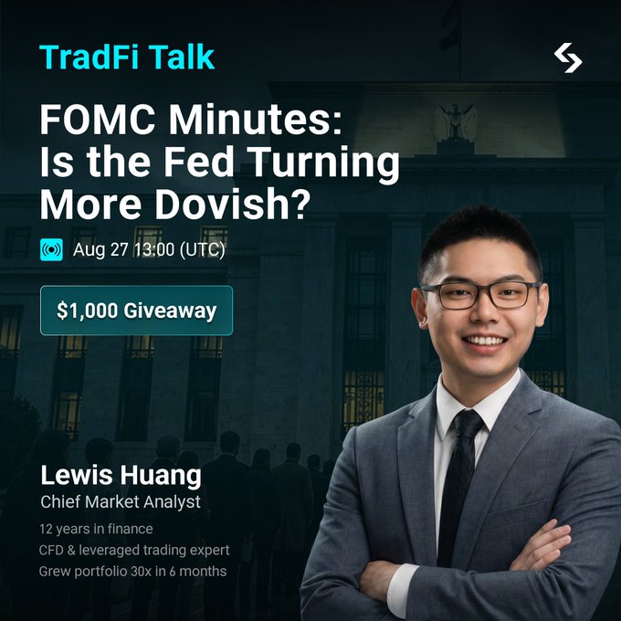 A promotional graphic for "TradFi Talk" featuring analyst Lewis Huang, Chief Market Analyst, advertising a session titled "FOMC Minutes: Is the Fed Turning More Dovish?" scheduled for Aug 27 at 13:00 (UTC), with a $1,000 giveaway, set against a backdrop of the Federal Reserve building. The image visually supports the post's invitation by highlighting the event details and prize incentive.