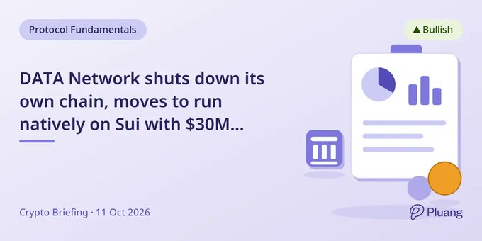 A crypto news headline from Crypto Briefing dated 11 Oct 2026 reading 'DATA Network shuts down its own chain, moves to run natively on Sui with $30M...' tagged as 'Bullish' under 'Protocol Fundamentals' by Pluang.