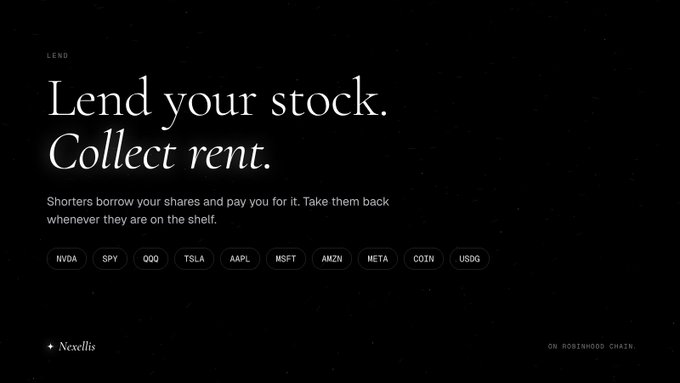 A dark advertisement for Nexllis with the text 'Lend your stock. Collect rent.' and ticker buttons including NVDA, SPY, QQQ, TSLA, AAPL, MSFT, AMZN, META, COIN, and USDG.