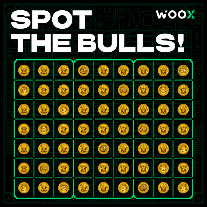 The WOO X "Spot the Bull: Week 3" promotional graphic features a grid of golden coin icons mixed with various animal faces (bulls, lions, frogs, and others) on a dark circuit board background, inviting users to find and count the hidden bull icons for a chance to win 50 USDT Futures Credits.