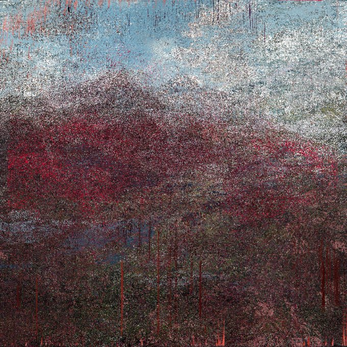 An abstract painting features a heavily textured composition with deep red tones dominating the center and lower portion, beneath a mottled blue and white sky-like area at the top.