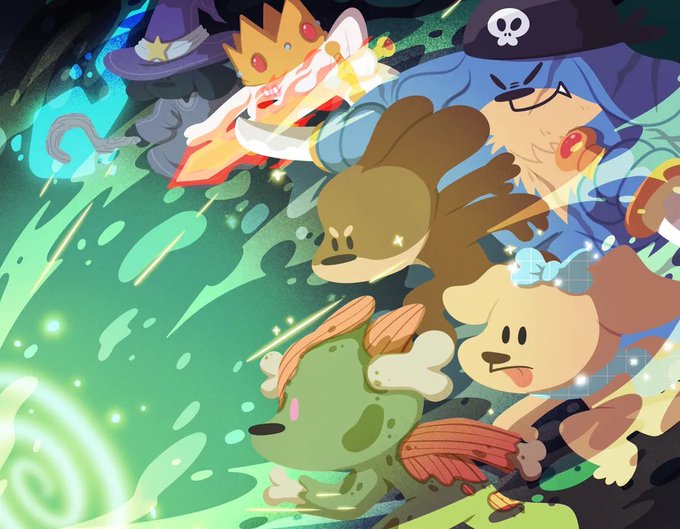 A colorful, cartoonish group illustration featuring cute characters including a green dog-like creature, a wizard, a winged figure, and a pirate, set against a magical green background.