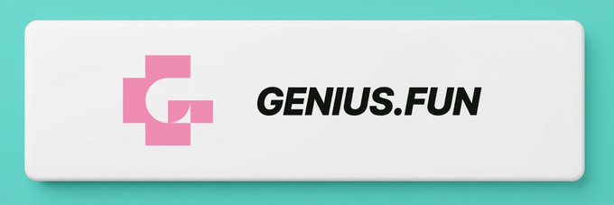 A logo banner for GENIUS.FUN featuring a pink 'G' with a cross/plus design on the left and bold black text reading 'GENIUS.FUN' on a white background with a teal border.