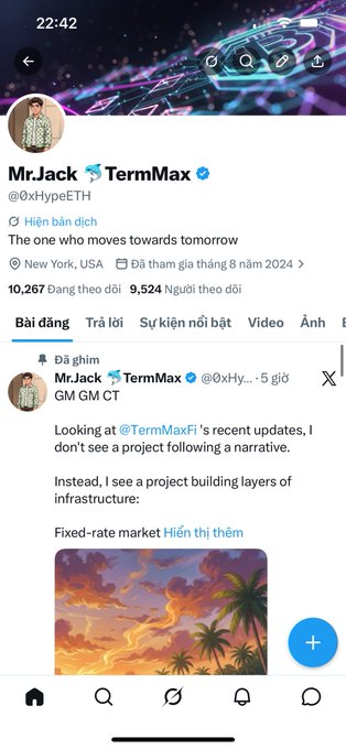 The image shows a social media post with a picture of a sunset, along with text that reads "Tài khoản sắp 10k follow rồi nè mỗi được mở pause nữa thì ngon luôn Tập chung ngày đi tương tác hết đân". The post is about a sunset, and it has been shared by someone named Mr. Jack. The image also contains text that says "The one who moves towards tomorrow", which could be interpreted as a metaphor for the idea of progress or forward movement in life.