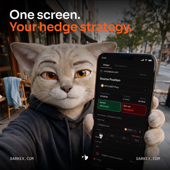 Advertisement for DARKEX.COM featuring a cat holding a smartphone displaying a hedge trading interface for BTC/USDT Perp, with the tagline 'One screen. Your hedge strategy.'