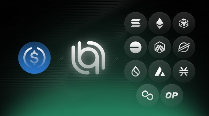 A graphic illustrating USDC converting to Injective's chain, with the USDC logo pointing to the Injective logo, alongside various cryptocurrency icons including Ethereum and Optimism.