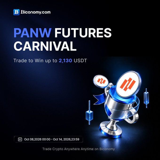 A promotional advertisement from Biconomy.com for 'PANW FUTURES CARNIVAL' with the offer 'Trade to Win up to 2,130 USDT', featuring a 3D trophy graphic and event dates of Oct 08-14, 2026.