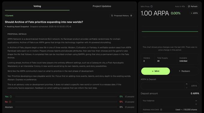 A dark-themed Web3 dashboard displays an ARPA Network governance vote asking 'Should Archive of Fate prioritize expanding into new worlds?' with the ARPA token price shown at 1.00 ARPA.