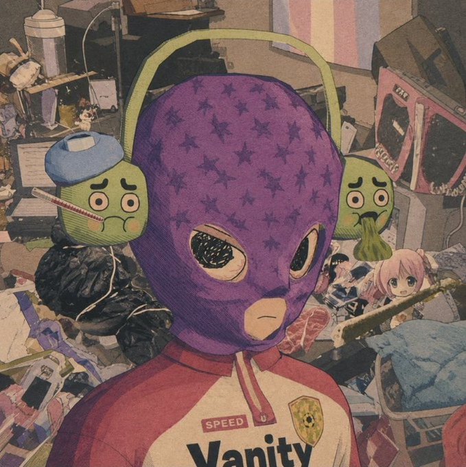 The image features an illustration of a person wearing a purple mask with stars, surrounded by various objects such as a TV, computer monitor, keyboard, mouse, and other items scattered around them. The background includes a cartoon-like depiction of a room filled with junk. The caption for the image reads "Giving Away 10 GTD Spots @Piecebyemmy To enter Follow me, @GRINDX100x & @Piecebyemmy Like & RT Tag a friend Comment eth wallet address 12 hrs Goodluck".