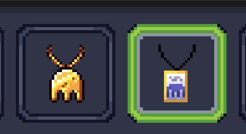 A pixel art interface shows an orange creature necklace next to a highlighted blue creature necklace in a green-bordered slot.