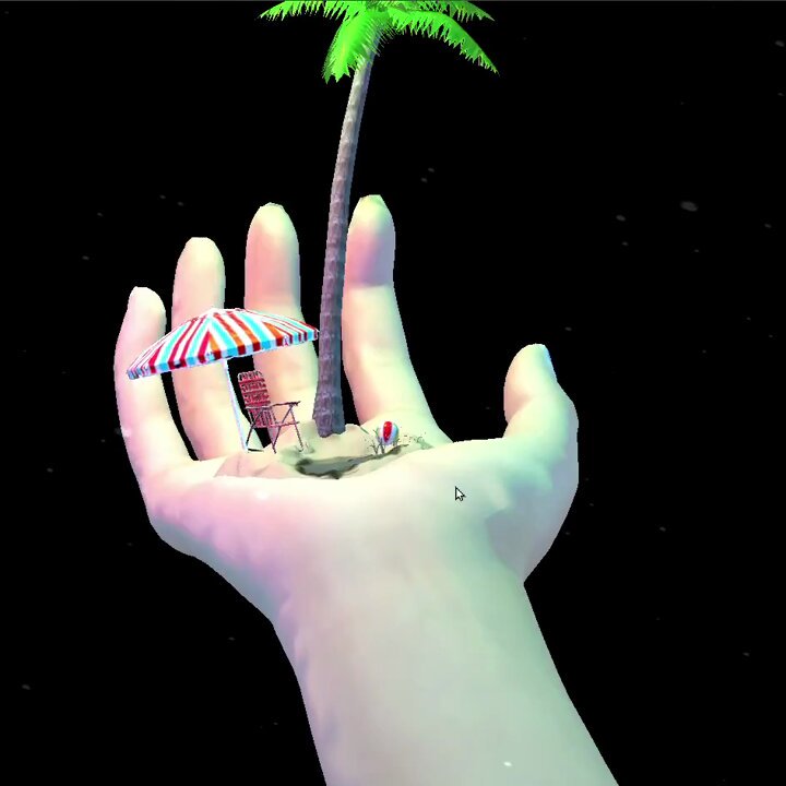 The image features a hand holding an umbrella that has a small palm tree attached to it. The palm tree appears to be made of clay or plaster, giving it a unique and whimsical appearance. The background of the image is black, which contrasts with the colorful elements in the foreground. The post includes text that reads "Proof of Palm 2026 is here Have you found your favorite yet? @absurdeity is inviting artists to bring their playful, palm tree-inspired creations to Tezos. Mint with #proofofpalm or #proofofpalm2026, and join the fun until May 31. happiness is in your palm by". The image seems to be a creative representation of a tropical beach scene, with the hand holding an umbrella as part of this imaginative display.