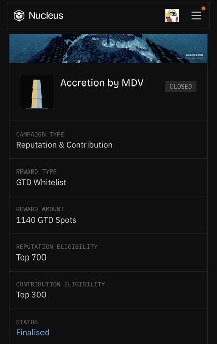 Nucleus platform page for a closed campaign titled 'Accretion by MDV', a Reputation & Contribution campaign offering 1140 GTD Spots as reward, with Top 700 and Top 300 eligibility, status Finalised.