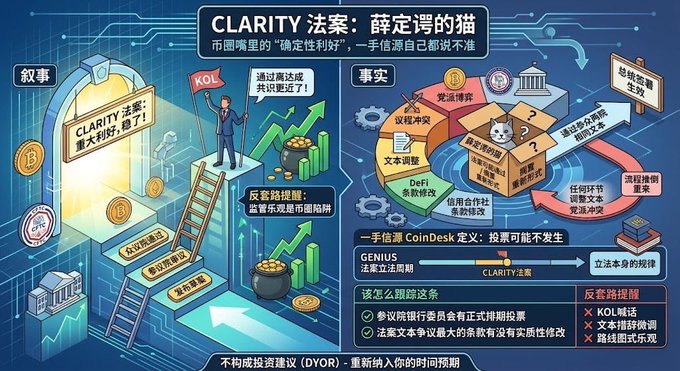 A complex Chinese-language infographic about 'CLARITY 法案：薛定谔的猫' (CLARITY Act: Schrödinger's Cat), illustrating narratives, facts, and predictions related to cryptocurrency legislation.