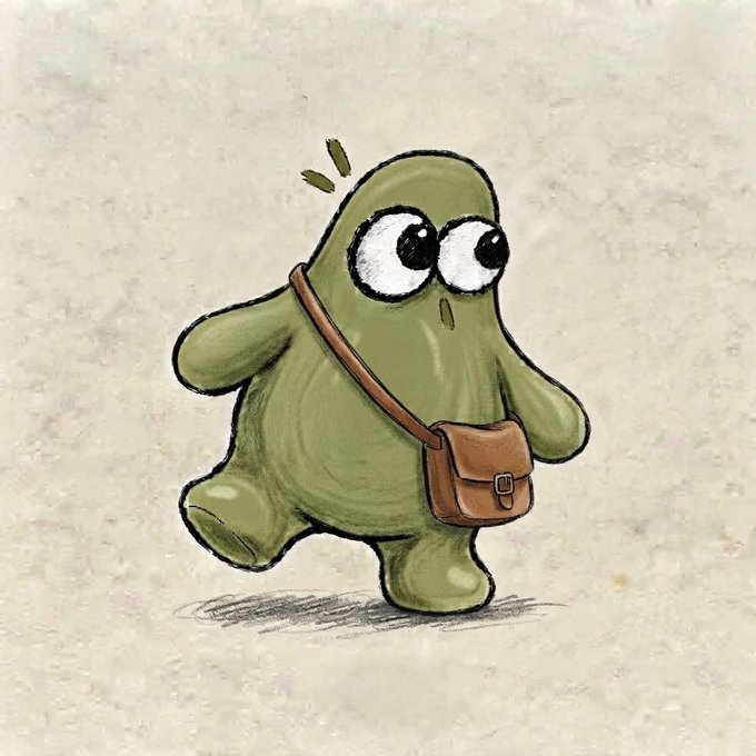 A cute, hand-drawn green blob character with big expressive eyes walks forward while carrying a brown messenger bag across its body, its surprised expression emphasized by small motion lines above its head. The image appears to be promotional artwork for a "Wobblin" NFT collection launching on OpenSea via Robinhood, as indicated by the accompanying post.