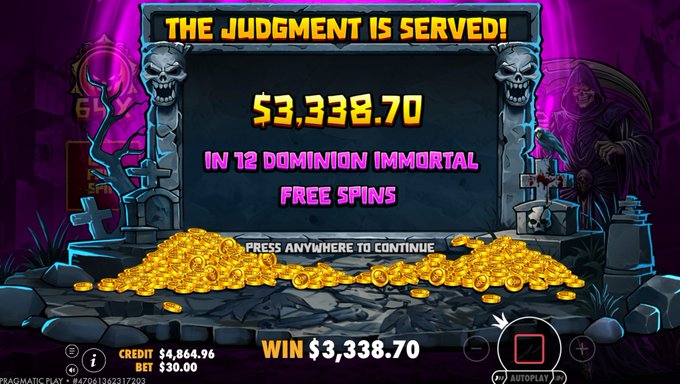 A slot machine win screen displays "THE JUDGMENT IS SERVED! $3,338.70 IN 12 DOMINION IMMORTAL FREE SPINS" against a gothic graveyard backdrop with skulls and gold coins, illustrating a back-to-back bonus win from a $30 bet that boosted the credit to $4,864.96.