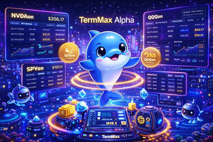 The image features a cartoon character, likely a dolphin or shark, standing next to a computer monitor with a keyboard and mouse. The character appears to be happy and waving at the viewer. The background of the image is filled with various city buildings and neon lights, creating an urban atmosphere. The post that accompanies this image reads: "HAPPY WEDNESDAY 早安 @TermMaxFi 一个产品要做好 不可避免的要被人挑刺 如果经不起考验 固然会被淘汰".