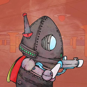 An illustrated retro-style robot character with a domed helmet, green lights, and a red cape holds a gun against a reddish industrial background.