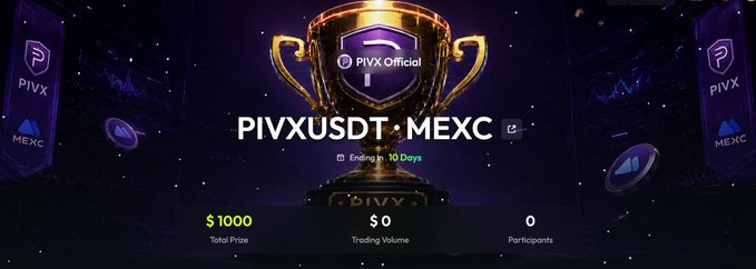 The image shows a poster or banner for an online cryptocurrency trading platform that takes place in Mexico, with prizes of US dollars, totaling 1000. The text reads "PIVX/USDT Trading Race on MEXC is LIVE! Ready to slice up a 1000 USDT total prize pool? For the next 10 days, we are dropping 100 USDT DAILY!", indicating an exciting opportunity for cryptocurrency trading in Mexico. The website also mentions that there have been 100 active traders since its launch, and people have won money through this competition.