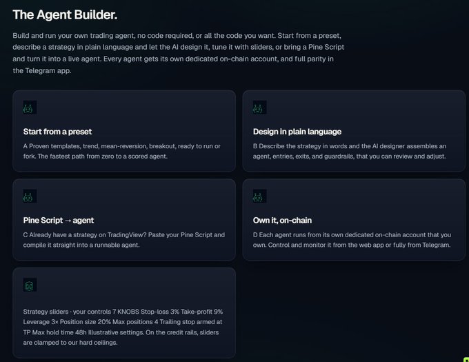 A dark-themed webpage titled 'The Agent Builder' explaining how to build trading agents with no code, featuring options to 'Start from a preset', 'Design in plain language', 'Pine Script → agent', and 'Own it, on-chain'.