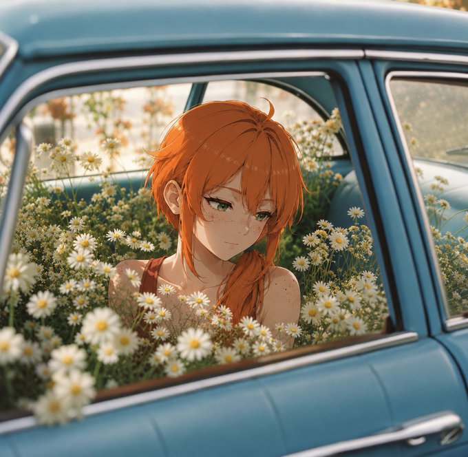 An anime-style illustration of a red-haired girl with green eyes sitting inside a blue car surrounded by white daisies.
