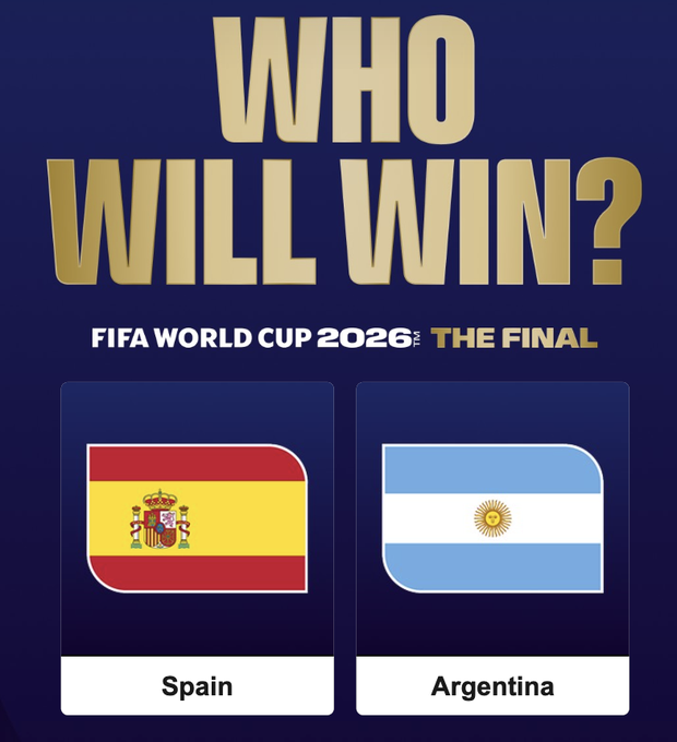 A 'Who Will Win?' graphic for the FIFA World Cup 2026™ The Final, displaying the flags of Spain and Argentina.
