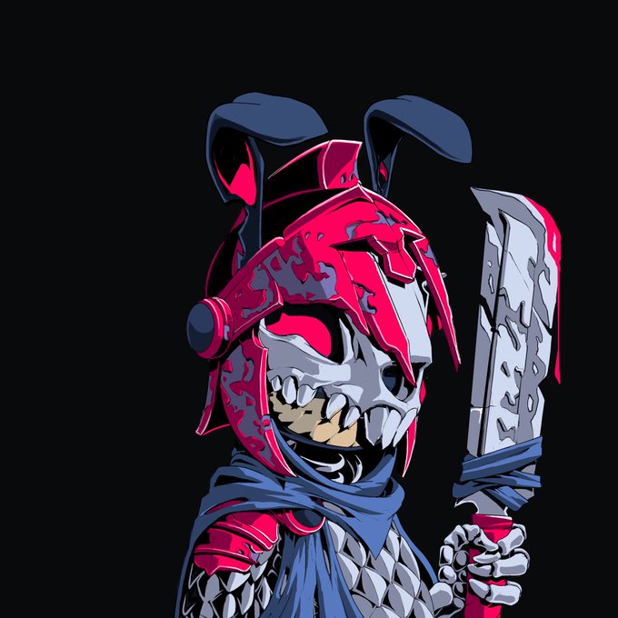A fierce armored samurai bunny with a cracked pink helmet and glowing red eyes wields a jagged katana, mirroring the post's playful jab at rugged, battle-worn rogues who fall short of being truly "floor" worthy.