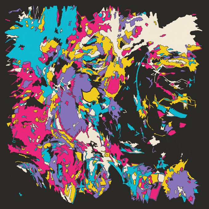 An abstract pop-art style digital portrait composed of bold blocks of cyan, magenta, yellow, purple, and black against a black background, depicting a stylized face in an expressionist, fragmented manner.