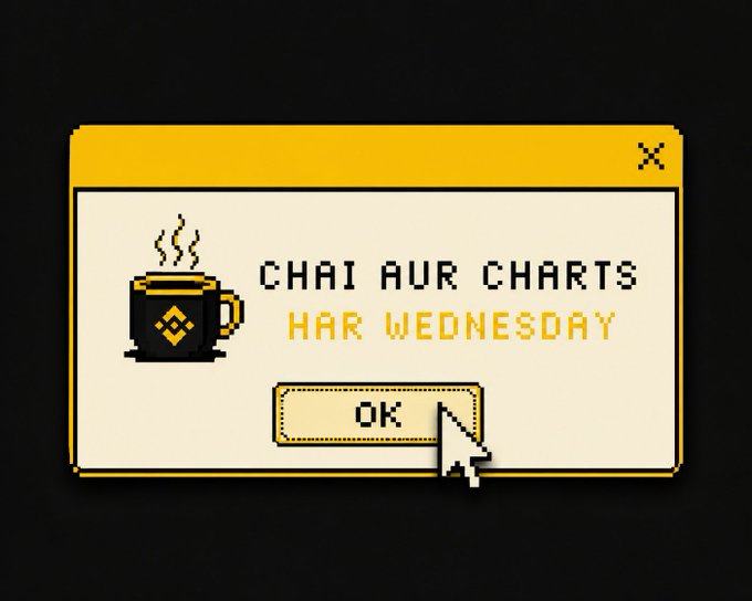 A pixel-art pop-up window styled like a retro computer dialog box displays a steaming mug icon alongside the text "CHAI AUR CHARTS" and "HAR WEDNESDAY," with a cursor clicking an "OK" button. The image cleverly riffs on the morning greeting by promoting a recurring weekly content series themed around chai (tea) and charts, fitting for a Pakistani audience who often starts the day with both.