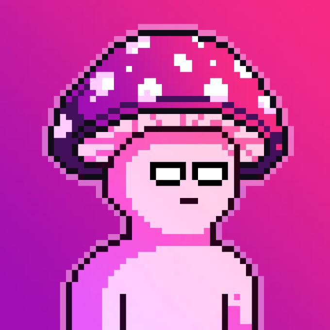 A pixel art portrait of a pink character wearing a purple mushroom-shaped hat and goggles, set against a vibrant pink and purple gradient background.