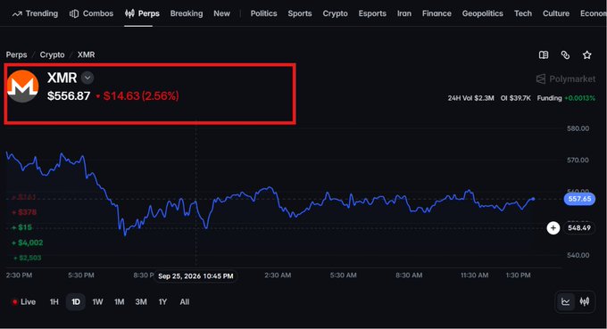 A cryptocurrency trading chart from Polymarket displaying the Monero (XMR) ticker at $556.87 with a 2.56% decline and a price graph trending downward.