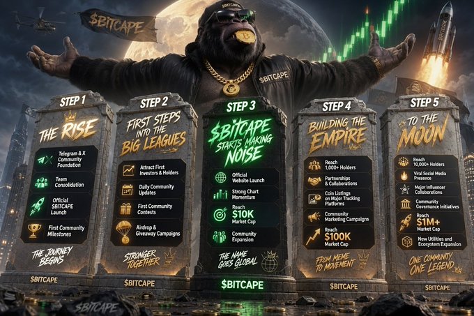 A promotional graphic titled '$BITCAPE' featuring a gorilla wearing sunglasses and gold chains, displayed over a 5-step roadmap covering 'The Rise', 'First Steps into the Big Leagues', '$BitCape Starts Making Noise', 'Building the Empire', and 'To The Moon'.