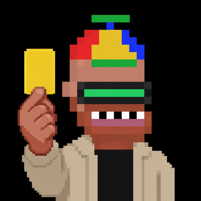 A pixel art illustration shows a character with dark skin wearing a VR headset and a colorful propeller hat, holding up a yellow card against a black background. The image relates to the "Gm & Happy Friday!" post by symbolizing a playful, fun-loving start to the weekend with its gaming-themed VR accessory and cheerful, blocky design.