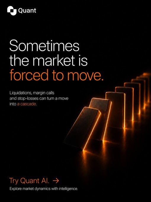 An advertisement for 'Quant AI' reads 'Sometimes the market is forced to move. Liquidations, margin calls and stop-losses can turn a move into a cascade. Try Quant AI. Explore market dynamics with intelligence,' featuring falling orange dominoes on a black background.